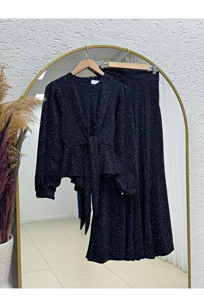 BENAHOLL Buse Front Tie-Up Sleeve Buttoned Stone Lurex Skirt Suit-Ek766 Navy ...