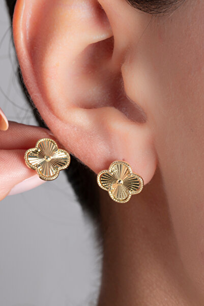 Elika Silver Kristal Kesim Minimal Yonca Küpe / 14K Altın Kaplama