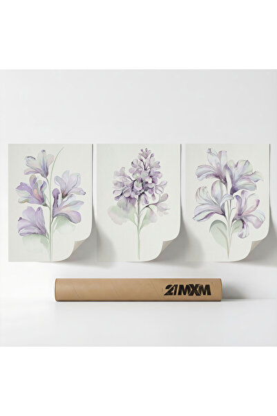 21mxm Set 3 Postere Decorative „Pastel Lavandă 01”, Material Textil, Fara Rama