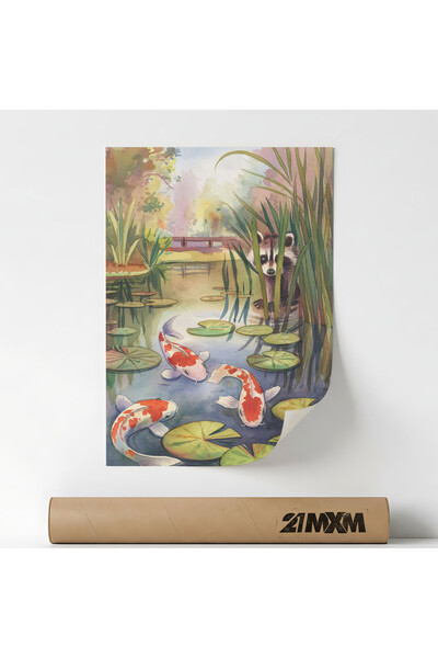 21mxm Poster decorativ, ilustratie artistica, Raccoon and Koi Fishes, A4 (21 ...