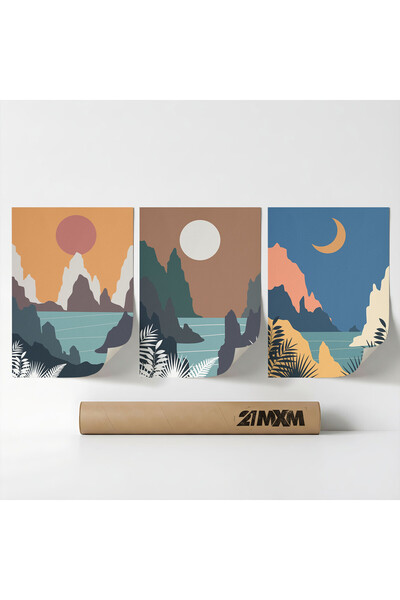 21mxm Set 3 Postere Decorative Boho „Soare-Lună-Celestial 27”, Material Texti...