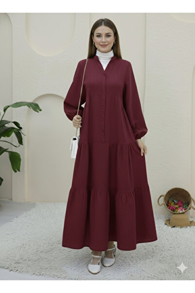 bellura V-Neck Half Buttoned Elasticated Sleeve Piece Dress