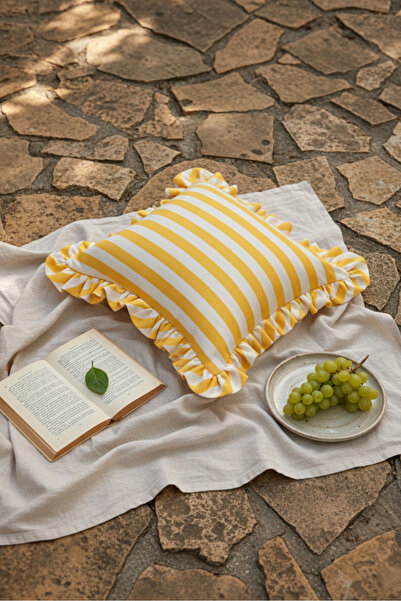 decofav غطاء وسادة مخطط باللون الأصفر الليموني مع كشكشة، قطعة واحدة