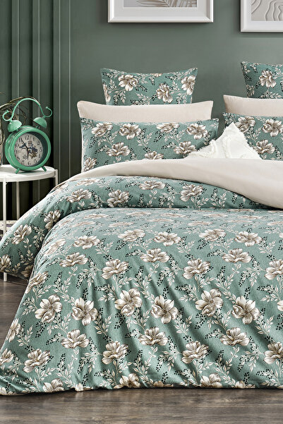 Lorien Patterned Double Bedding Set with Elastic Sheets and Reversible Duvet ...