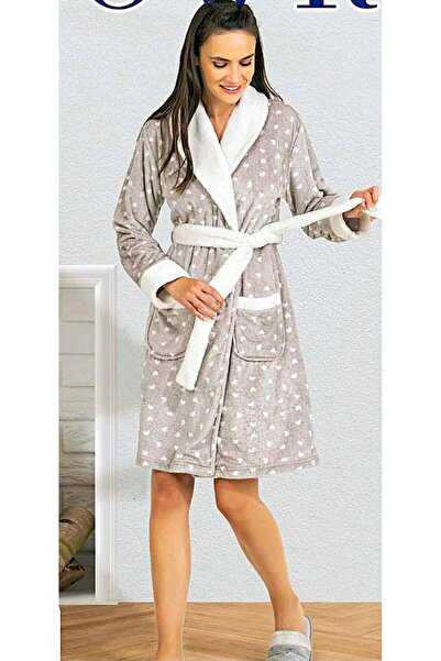 DOWRY Midi Length Tie-Up Plush Robe Gray