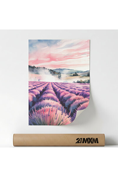 21mxm Poster decorativ, ilustratie peisaj lavanda, Lavender fields at dawn, F...