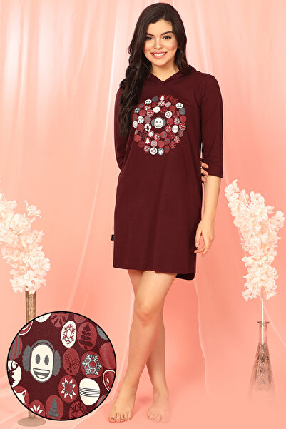 Clovia Christmas Print Short Night Dress in Maroon - 100% Cotton
