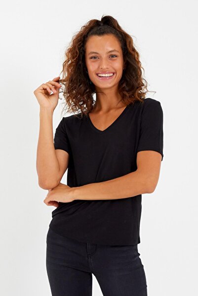 QUHOX Tricou damă din material modal cu decolteu în V, negru