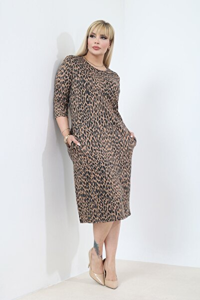 modayız Double Pockets Patterned Stretchy Winter Plus Size Midi Dress 26B-2775
