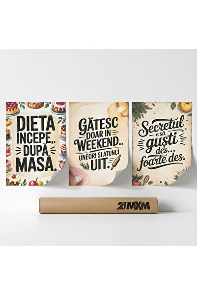 21mxm Set 3 Postere Decorative 'Bucatarie Cu Umor 04', Material Textil, 30 x ...