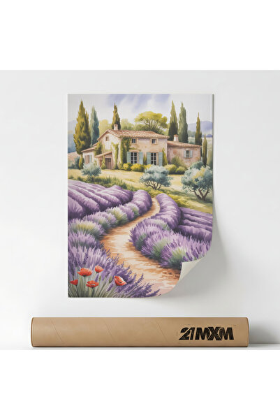 21mxm Poster Deco, peisaj lavanda, Cărare șerpuitoare de pământ prin lavandă,...