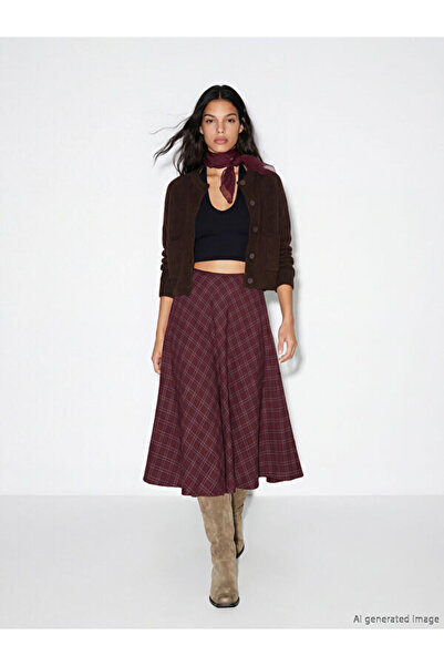 LC Waikiki Plaid Flared Skirt with Zipper at the Waist