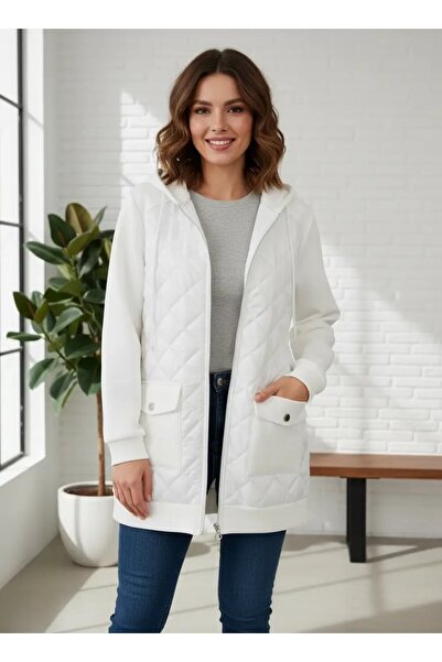 Butik Eylül ,Scuba Kumaş Kapütone Kapüşonlu Mont-Beyaz