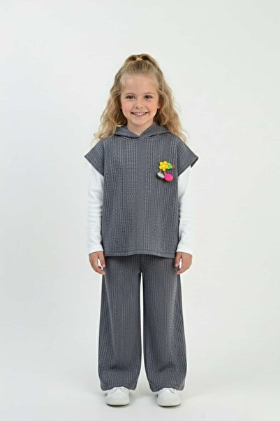 zubi kids Girls' Three-Piece Hooded Knitted Vest Blouse and Pants Set (Ages 7...