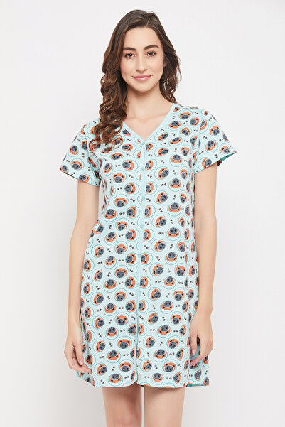 Clovia Dog Print Button Down Short Night Dress in Powder Blue - 100% Cotton
