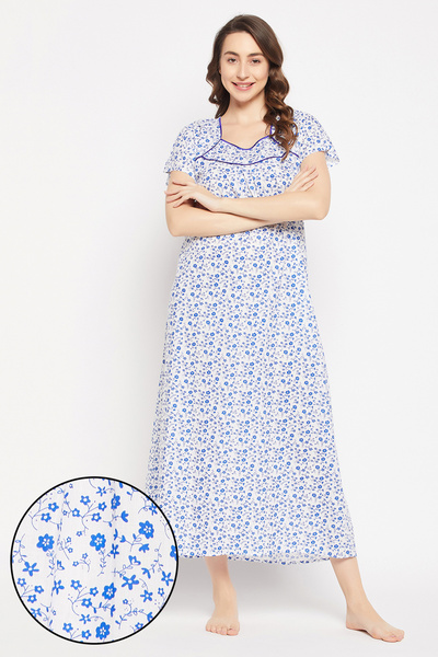 Clovia Pretty Florals Long Nighty in White - 100% Cotton
