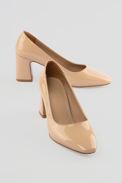 Mubiano Women's Patent Leather Heeled Shoes Round Toe Thick Heeled Noctra Beige