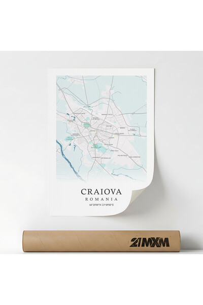 21mxm Poster decorativ harta Craiova, stil minimalist modern, 30x40cm, fara rama