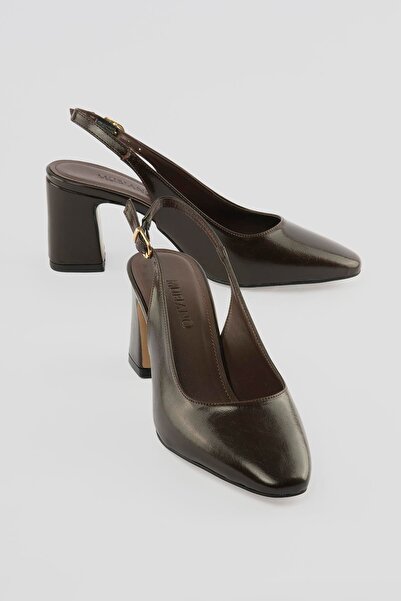 Mubiano Women's High Heel Shoes Round Toe Open Back Buckle Cavelle Brown