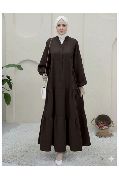 bellura V-Neck Half Buttoned Elasticated Sleeve Piece Dress