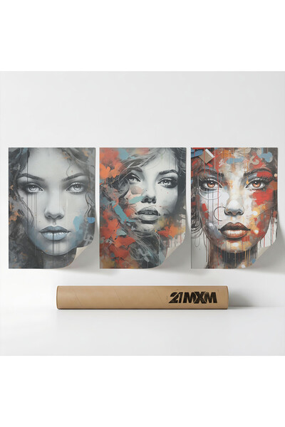 21mxm Set 3 Postere Decorative „Portrete Moderne 08”, Material Textil, Fara Rama