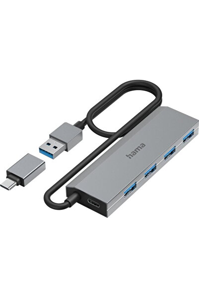Hama USB Hub, 4 Ports, USB 3.2 Gen 1, 5 Gbit/s, USB-C Adapter and PSU
