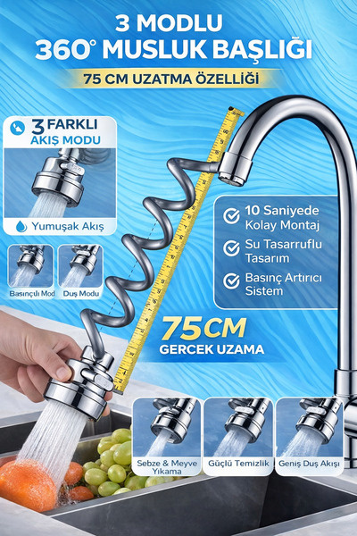 SUVİA Musluk Başlığı 360° Döner 3 Modlu Perlatör – 75 cm Uzatmalı Spiral Esne...
