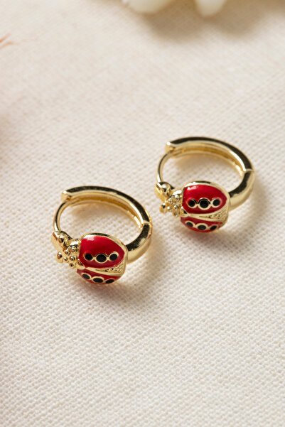 Elika Silver Uğur Böceği Model 14K Altın Kaplama Halka Küpe