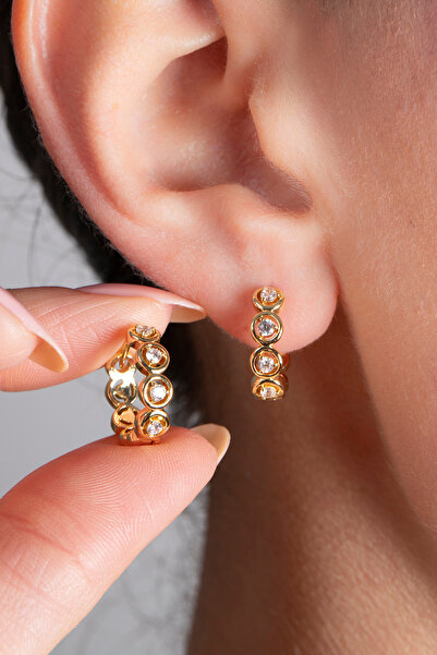 Elika Silver Kelepçe Küpe, Zirkon Taşlı Halka Küpe / 14K Altın Kaplama