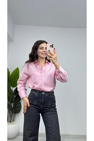 TUNAM BUTİK 7843 قميص شفاف فائق النحافة بتفاصيل مخططة باللون الوردي