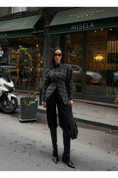 D'RECCY Women's Waist-Adjustable Plaid Shirt with Ties