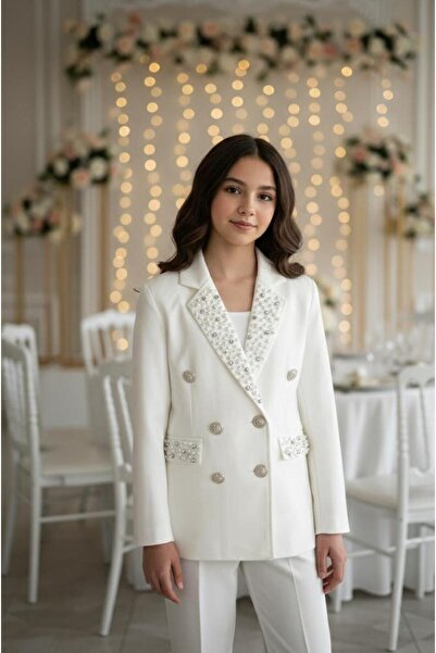 Hilal Akıncı Kids Girl's Stoned and Pearl Detailed Gold Buttoned Blazer Jacket