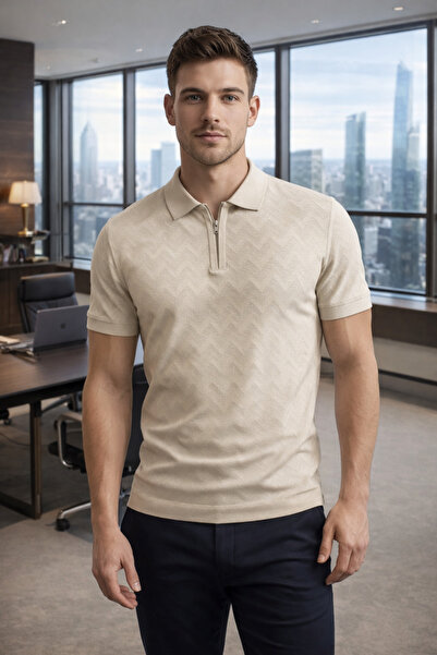 Tarz Cool تي شيرت رجالي بقصة ضيقة وياقة بولو وسحاب أمامي