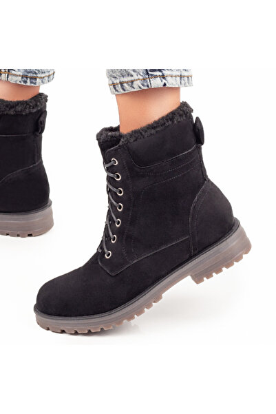 Modlet.ro Women's black suede lace-up boots with zipper MOD06846