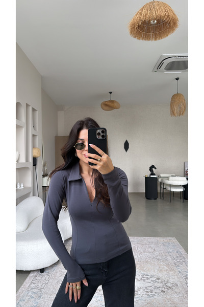 Buket Teke Bluză modală antracit cu guler cu fermoar