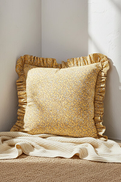 decofav Husă de pernă cu volane și model floral de muștar, 1 bucată