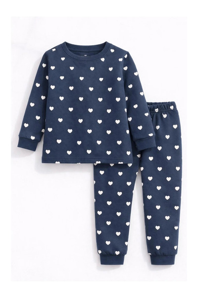 kidstalya Heart Printed Girls' Navy Blue Pajama Set