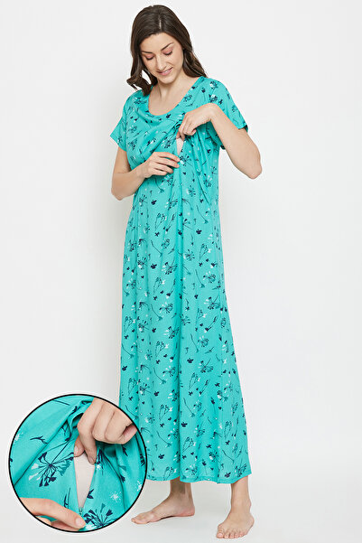 Clovia فستان نوم طويل مزين بنقوش زهور جميلة باللون الأخضر البحري - رايون