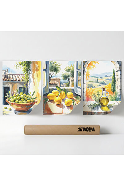 21mxm Set 3 Postere Deco „Natură statică mediteraneană 05”, Material textil, ...