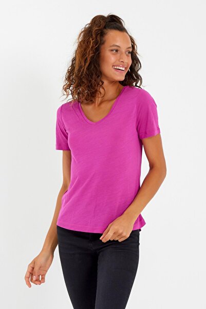 QUHOX Γυναικείο Modal Υφασμάτινο T-shirt με λαιμόκοψη σε φούξια