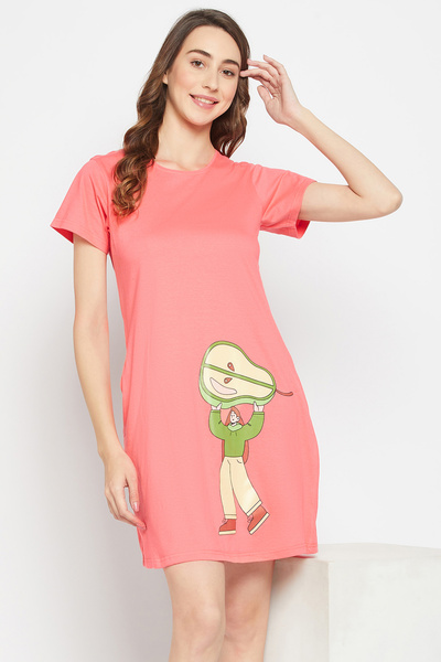 Clovia فستان نوم قصير بتصميم توتي فروتي بلون الخوخ - قطن 100%