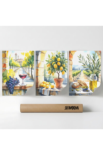 21mxm Set 3 Postere Deco „Natură statică mediteraneană 04”, Material textil, ...