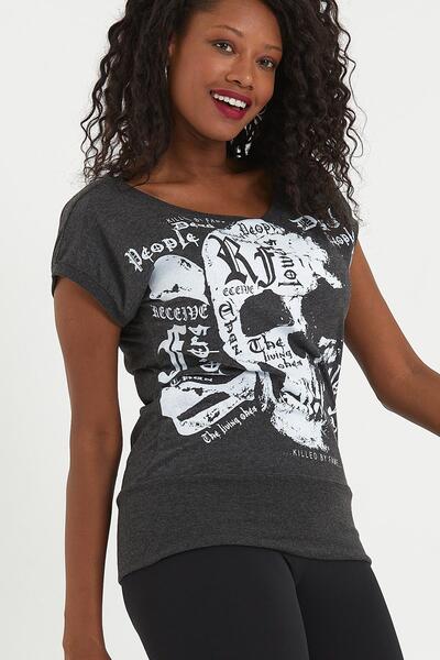 QUHOX Γυναικείο μπλουζάκι Anthracite Skull με στάμπα με φαρδύ γιακά