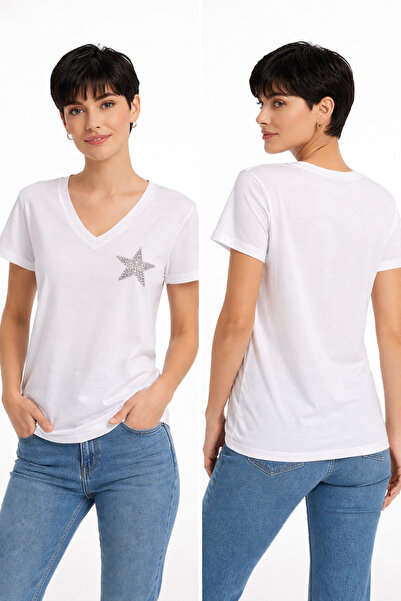 TWINTICKS Stone Detailed Star Printed White Women's T-Shirt – V-Neck Cotton B...
