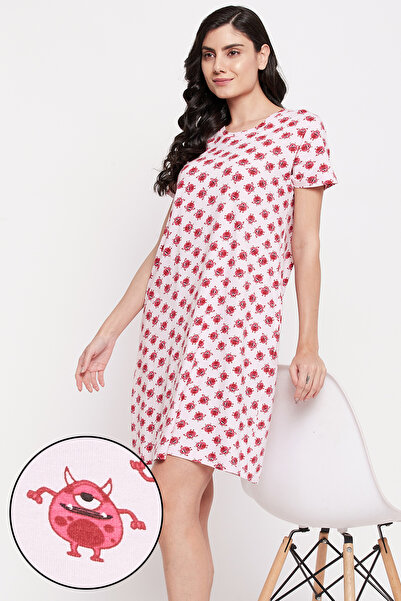 Clovia تيشيرت نوم طويل مطبوع عليه رمز تعبيري للوحش، لون وردي فاتح - قطن 100%