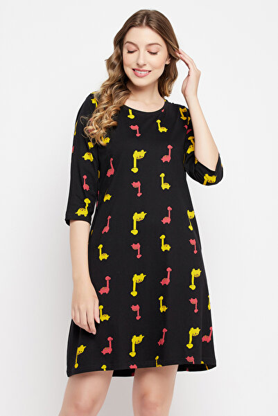 Clovia Dinosaur Print Short Night Dress in Black - 100% Cotton