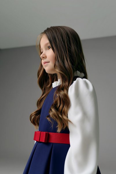 She Dress By Kubra Aksoy Girl's Navy Blue Flared Dress with White Long Sleeves and Red Belt Detail Stylish Design