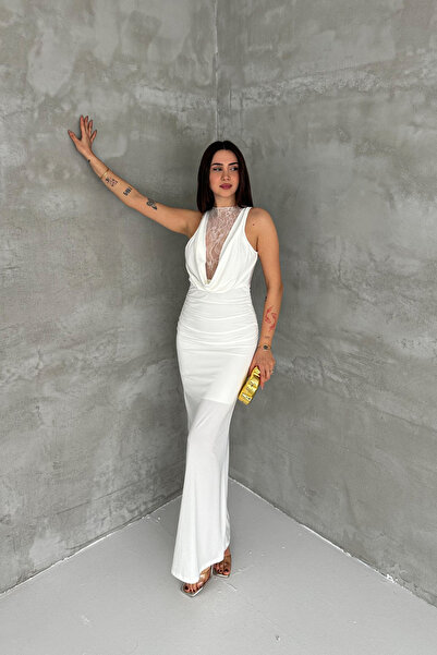 mielva Women's White Lace Detailed Draped Backless Long Evening Dress