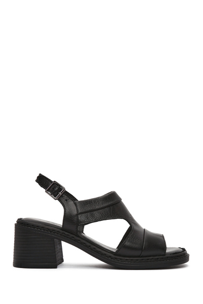 Derimod Women's Black Ankle Strap Thick Heeled Leather Sandals 26Sfd340718