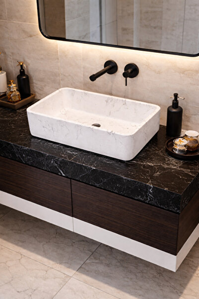 Taş Atölyesi Mermer Desenli Tezgah Üstü Çiftlik Model Taş Lavabo 60 x 40 cm
